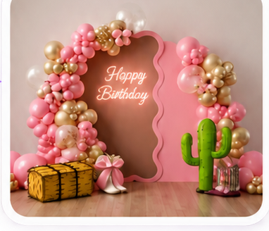 Propuesta de cumpleaños con globos rosas, mampara y detalles de vaqueros