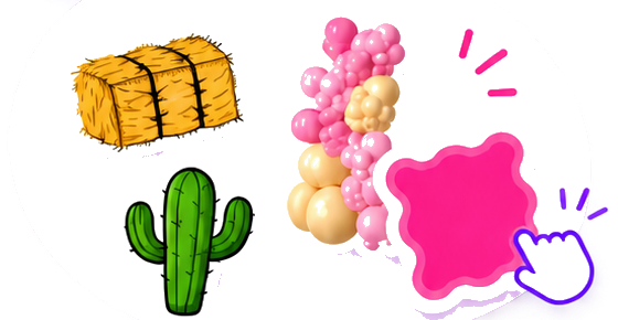 Ilustración de elementos decorativos: cactus, globos, mampara y paca de heno